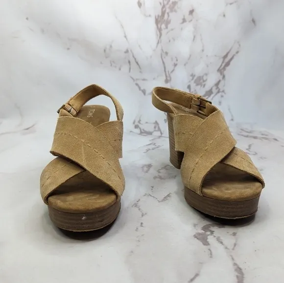 Toms Sandal Womens 9 Platform Ibiza Slingback Heels Shoe Brown Tan Suede Cross