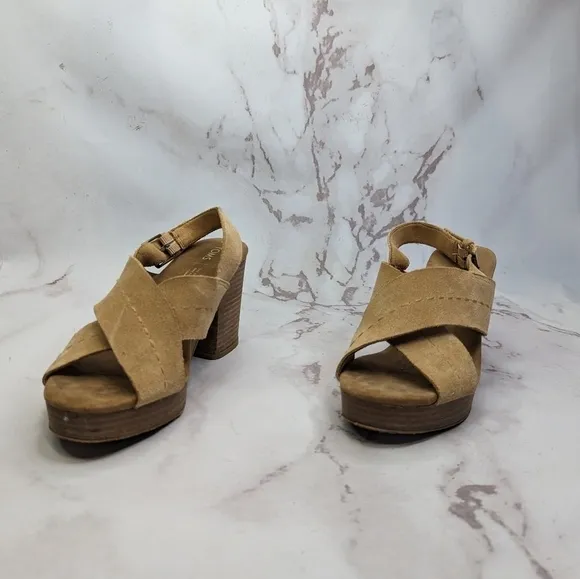 Toms Sandal Womens 9 Platform Ibiza Slingback Heels Shoe Brown Tan Suede Cross
