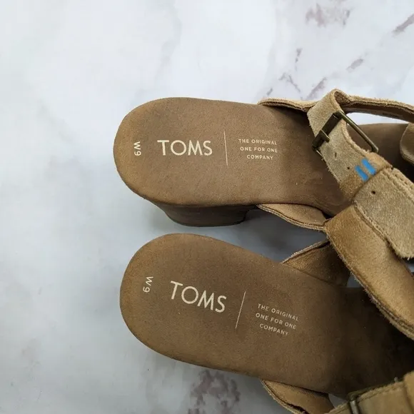 Toms Sandal Womens 9 Platform Ibiza Slingback Heels Shoe Brown Tan Suede Cross