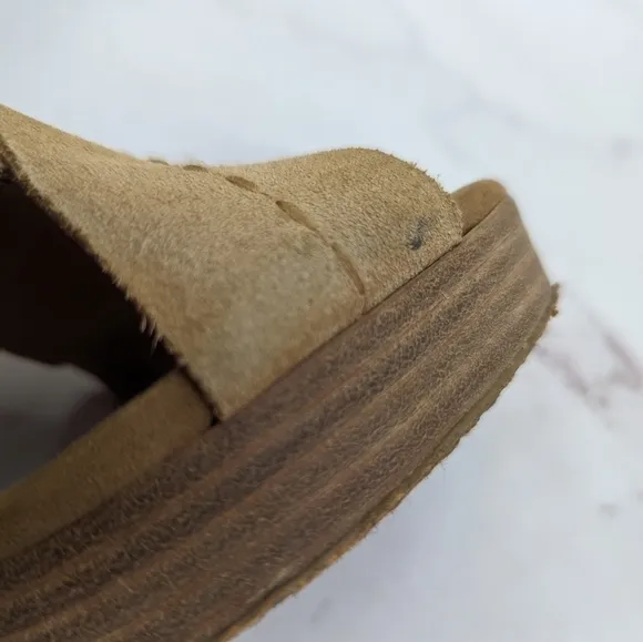 Toms Sandal Womens 9 Platform Ibiza Slingback Heels Shoe Brown Tan Suede Cross