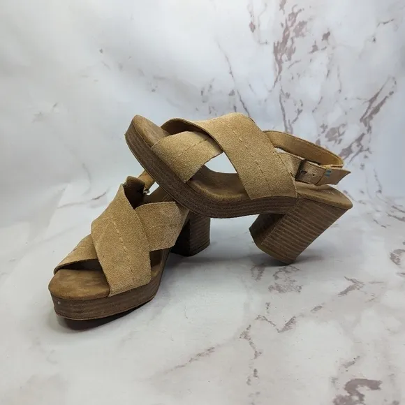 Toms Sandal Womens 9 Platform Ibiza Slingback Heels Shoe Brown Tan Suede Cross