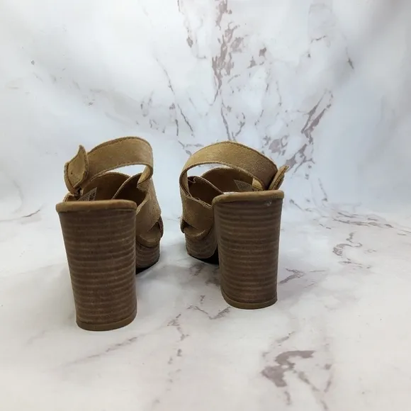 Toms Sandal Womens 9 Platform Ibiza Slingback Heels Shoe Brown Tan Suede Cross
