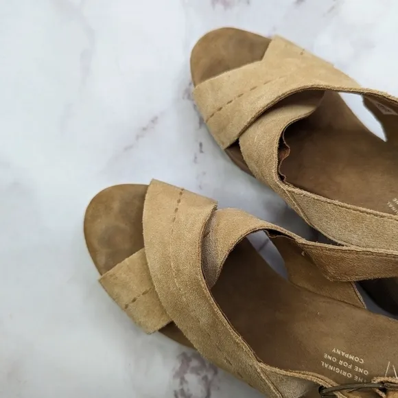 Toms Sandal Womens 9 Platform Ibiza Slingback Heels Shoe Brown Tan Suede Cross