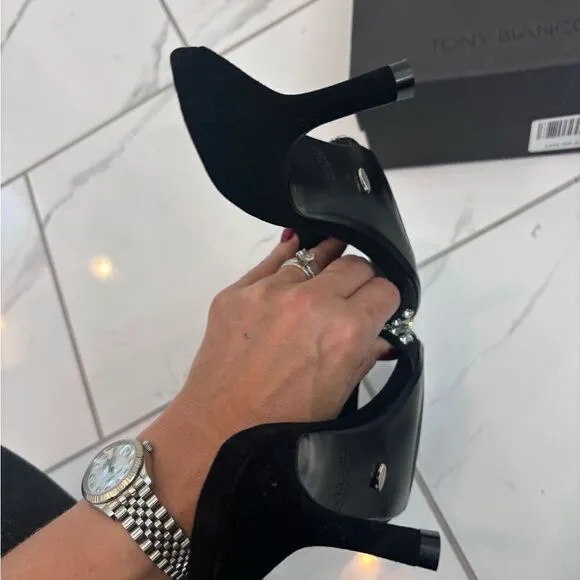 TONY BIANCO for Revolve Black Suede Sequin Amos Heel Sandal Sz 8 NIB