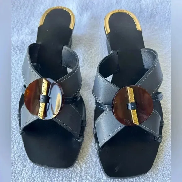 Tory Burch $458. Artisinal Knot heeled mules leather slate blue excellent  7.5