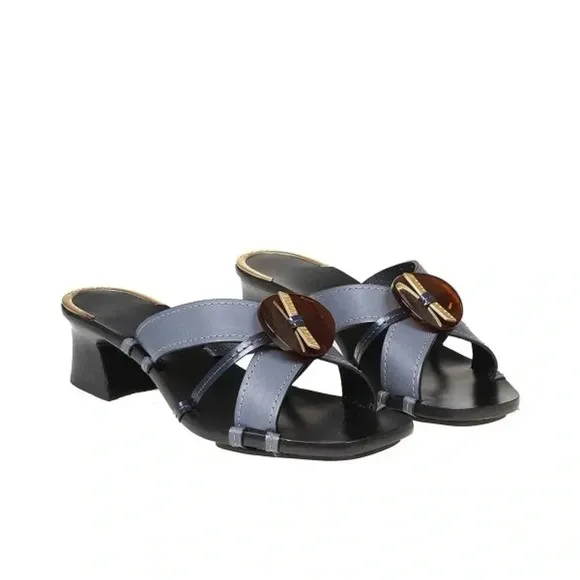 Tory Burch $458. Artisinal Knot heeled mules leather slate blue excellent  7.5