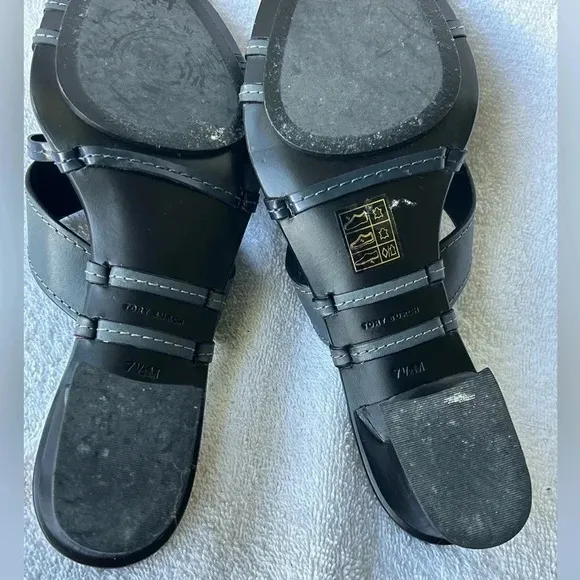 Tory Burch $458. Artisinal Knot heeled mules leather slate blue excellent  7.5