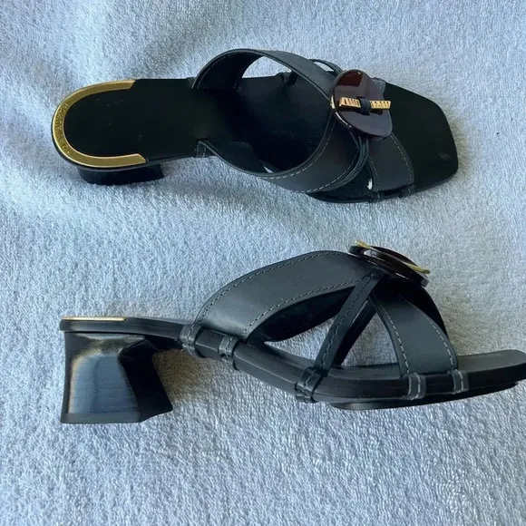 Tory Burch $458. Artisinal Knot heeled mules leather slate blue excellent  7.5