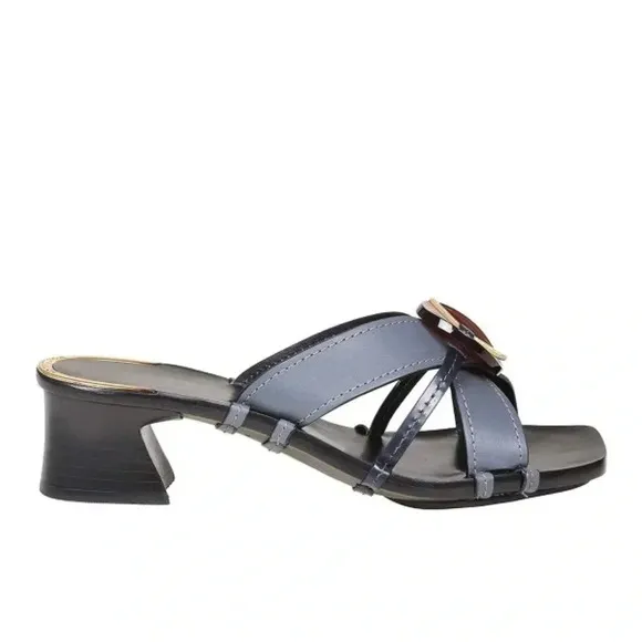 Tory Burch $458. Artisinal Knot heeled mules leather slate blue excellent  7.5