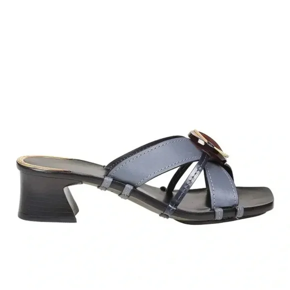 Tory Burch $458. Artisinal Knot heeled mules leather slate blue excellent  7.5