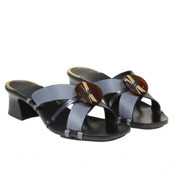 Tory Burch $458. Artisinal Knot heeled mules leather slate blue excellent  7.5