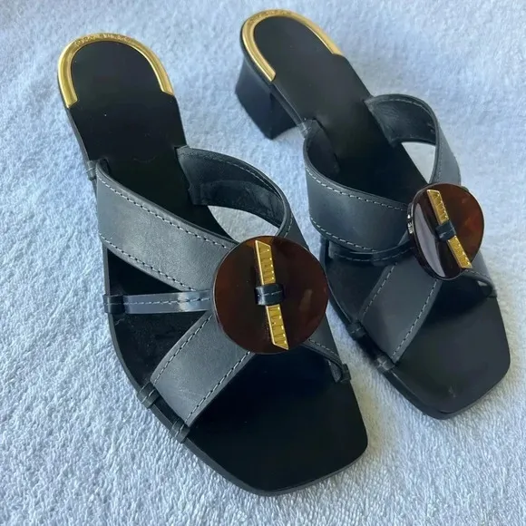 Tory Burch $458. Artisinal Knot heeled mules leather slate blue excellent  7.5
