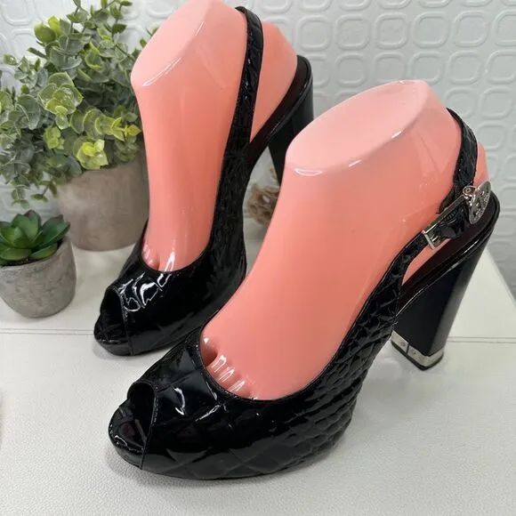 TORY BURCH Allison Crocs Black Patent Leather Peep Toes Slingback Heels Sz8.5M