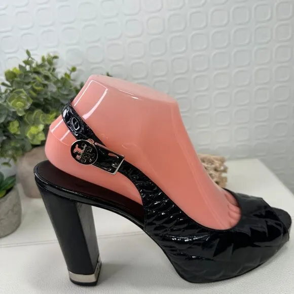 TORY BURCH Allison Crocs Black Patent Leather Peep Toes Slingback Heels Sz8.5M