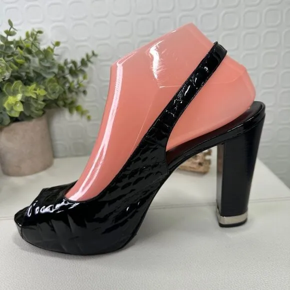 TORY BURCH Allison Crocs Black Patent Leather Peep Toes Slingback Heels Sz8.5M