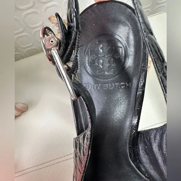 TORY BURCH Allison Crocs Black Patent Leather Peep Toes Slingback Heels Sz8.5M