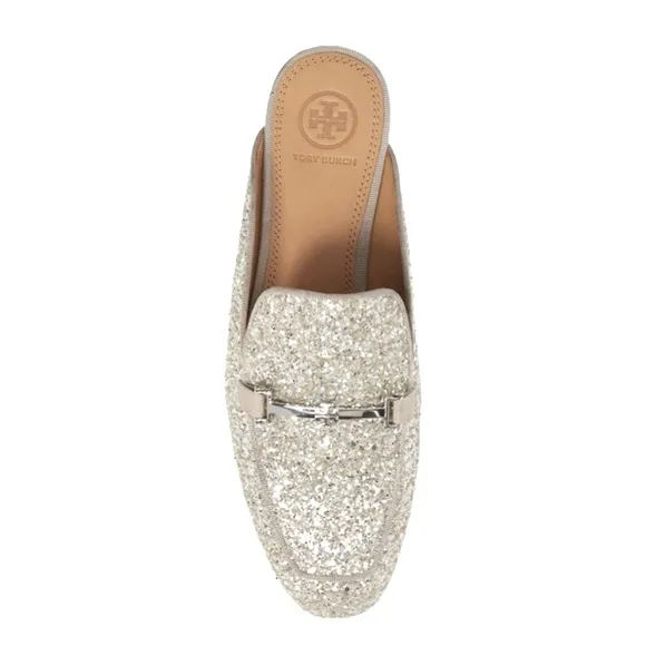 TORY BURCH Amelia Glitter Silver Mules