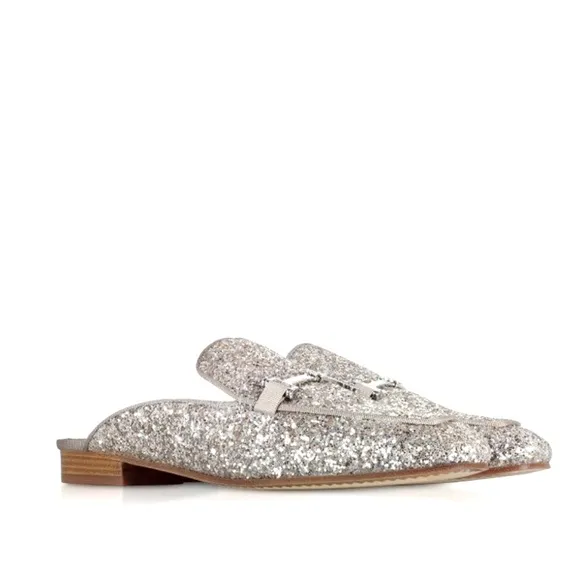 TORY BURCH Amelia Glitter Silver Mules