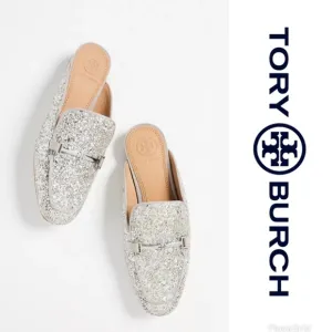 TORY BURCH Amelia Glitter Silver Mules