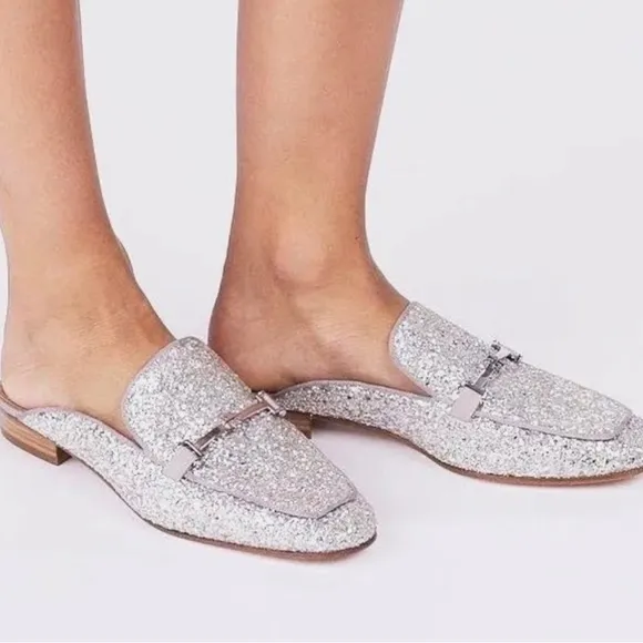TORY BURCH Amelia Glitter Silver Mules