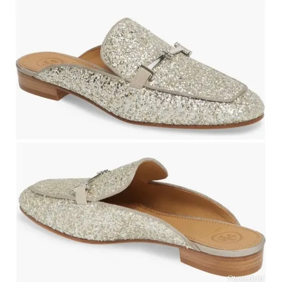TORY BURCH Amelia Glitter Silver Mules