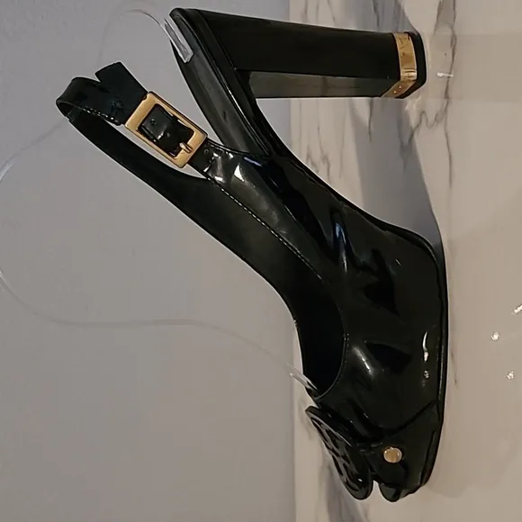 Tory Burch Black Patent Leather Peep Toe Slingback Heels Women's 8.5 Gold Accent