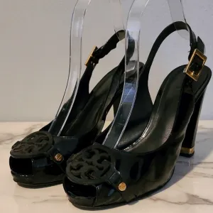 Tory Burch Black Patent Leather Peep Toe Slingback Heels Women's 8.5 Gold Accent