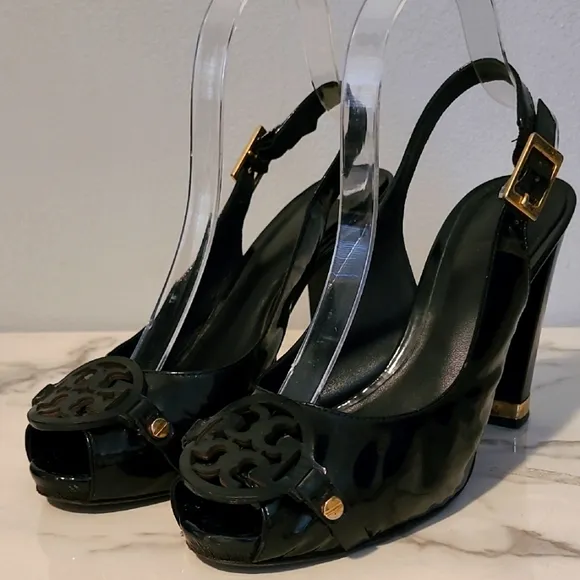 Tory Burch Black Patent Leather Peep Toe Slingback Heels Women's 8.5 Gold Accent