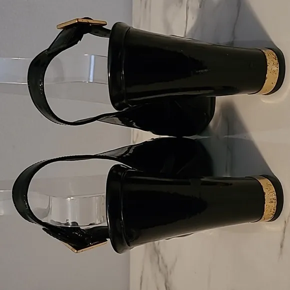 Tory Burch Black Patent Leather Peep Toe Slingback Heels Women's 8.5 Gold Accent