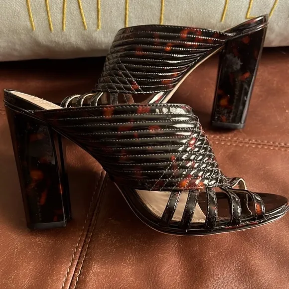 TORY BURCH BRIDA DARK TORTOISE SLIP ON MULE HEELS