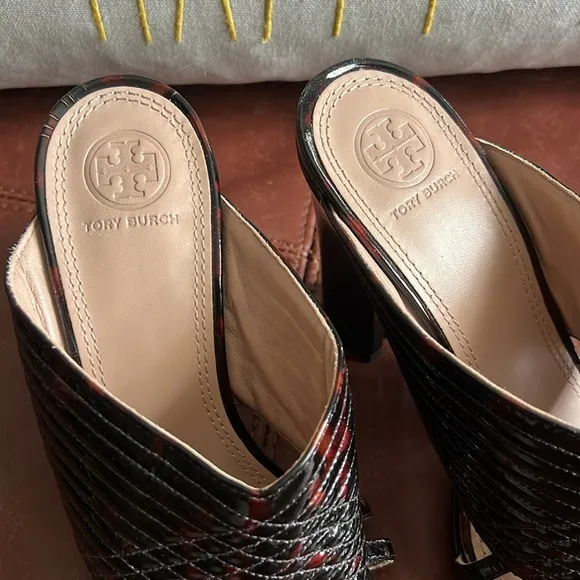 TORY BURCH BRIDA DARK TORTOISE SLIP ON MULE HEELS