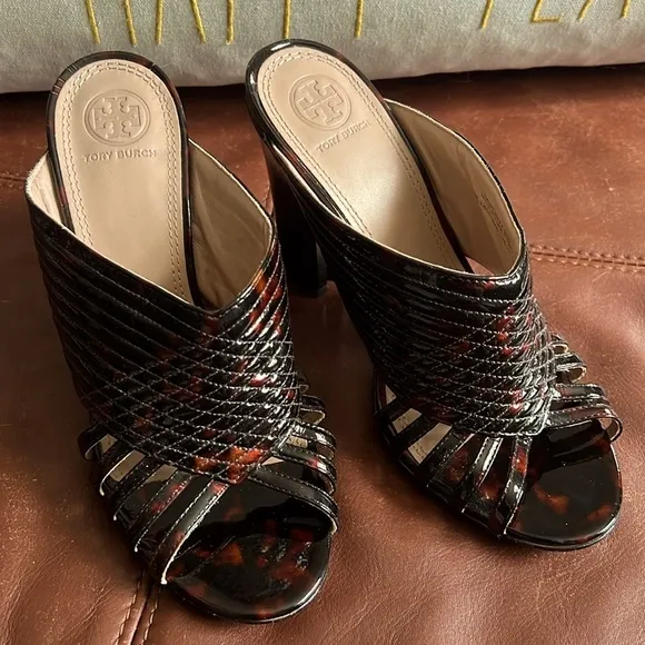 TORY BURCH BRIDA DARK TORTOISE SLIP ON MULE HEELS