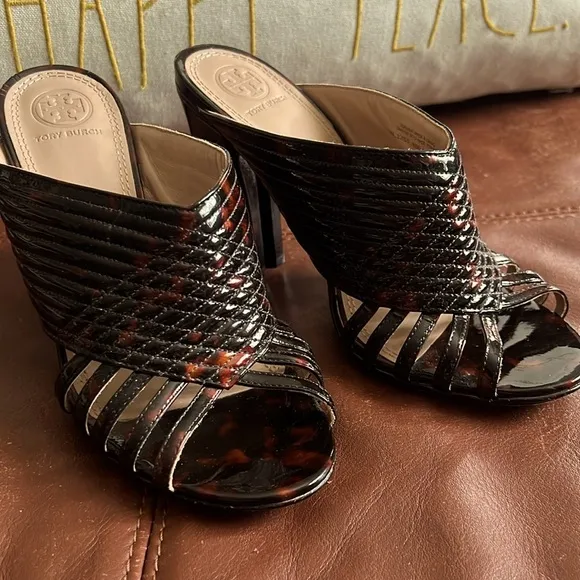 TORY BURCH BRIDA DARK TORTOISE SLIP ON MULE HEELS