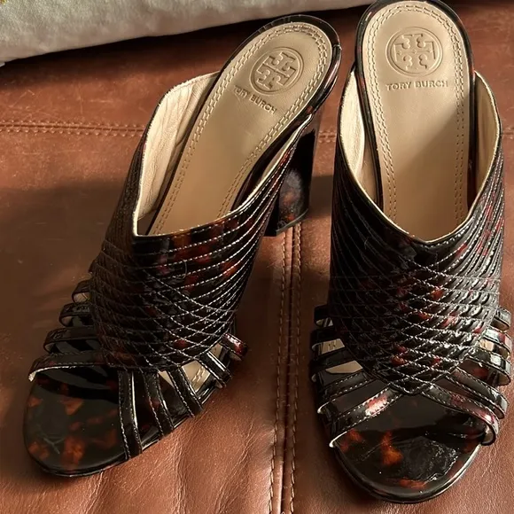 TORY BURCH BRIDA DARK TORTOISE SLIP ON MULE HEELS