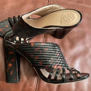 TORY BURCH BRIDA DARK TORTOISE SLIP ON MULE HEELS