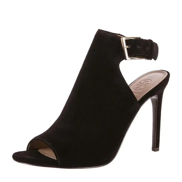 Tory Burch 'Brittania' Peep Toe Suede Bootie, black, size 9