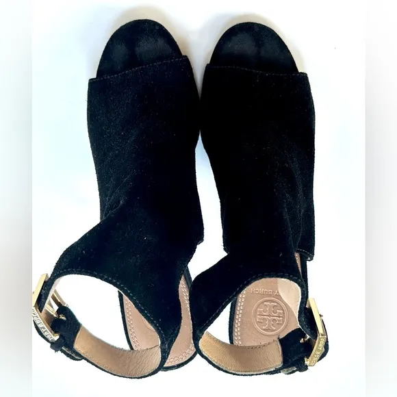 Tory Burch 'Brittania' Peep Toe Suede Bootie, black, size 9