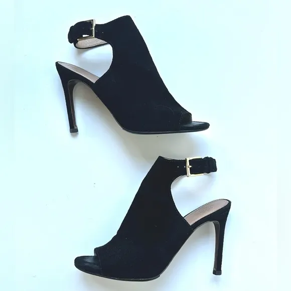 Tory Burch 'Brittania' Peep Toe Suede Bootie, black, size 9