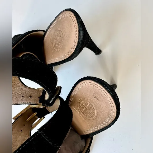Tory Burch 'Brittania' Peep Toe Suede Bootie, black, size 9