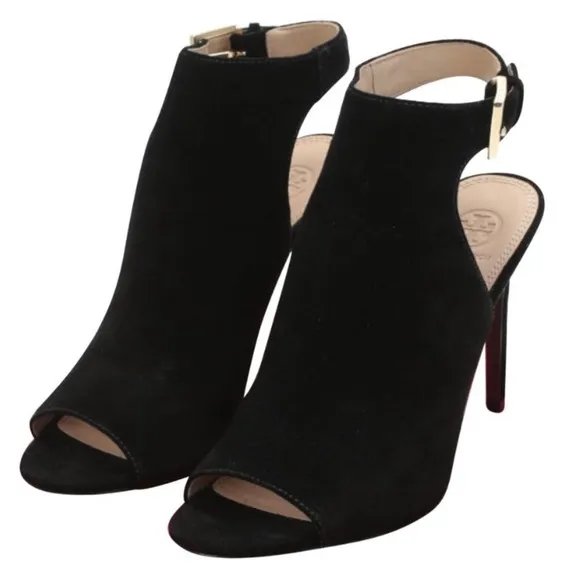 Tory Burch 'Brittania' Peep Toe Suede Bootie, black, size 9