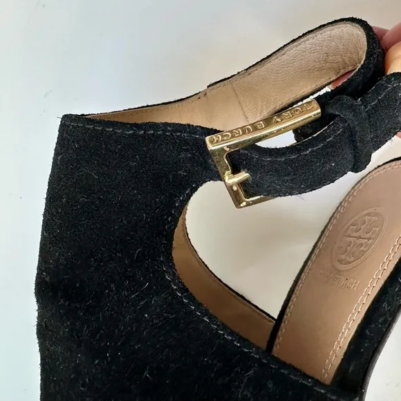 Tory Burch 'Brittania' Peep Toe Suede Bootie, black, size 9