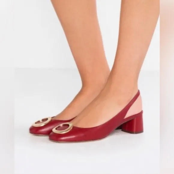 Tory Burch Caterina Pump SLIng back SHOE GOLD LOGO RED LEATHER BLOCK heel