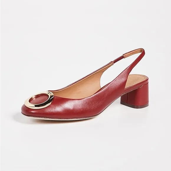 Tory Burch Caterina Pump SLIng back SHOE GOLD LOGO RED LEATHER BLOCK heel