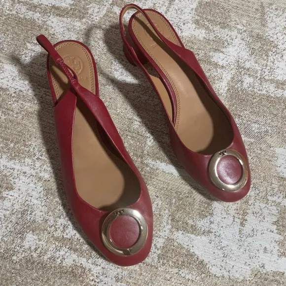 Tory Burch Caterina Pump SLIng back SHOE GOLD LOGO RED LEATHER BLOCK heel
