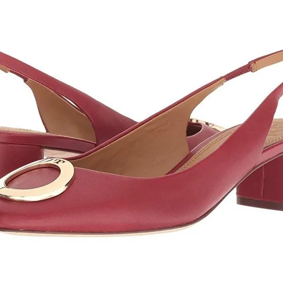 Tory Burch Caterina Pump SLIng back SHOE GOLD LOGO RED LEATHER BLOCK heel