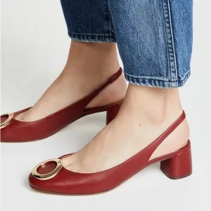 Tory Burch Caterina Pump SLIng back SHOE GOLD LOGO RED LEATHER BLOCK heel
