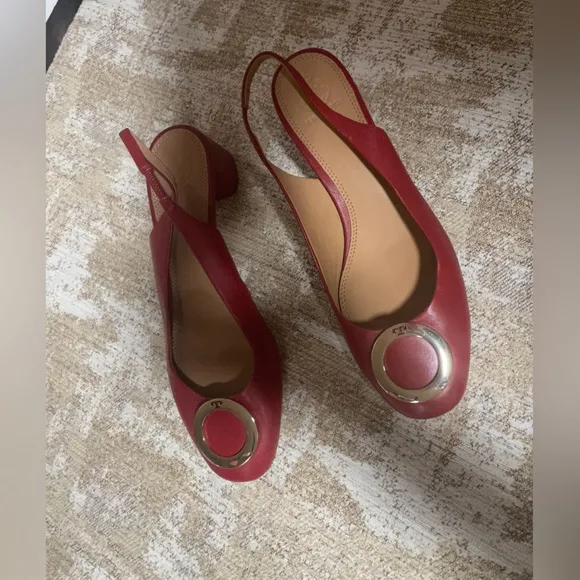 Tory Burch Caterina Pump SLIng back SHOE GOLD LOGO RED LEATHER BLOCK heel
