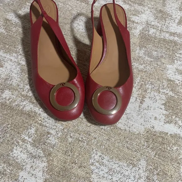 Tory Burch Caterina Pump SLIng back SHOE GOLD LOGO RED LEATHER BLOCK heel