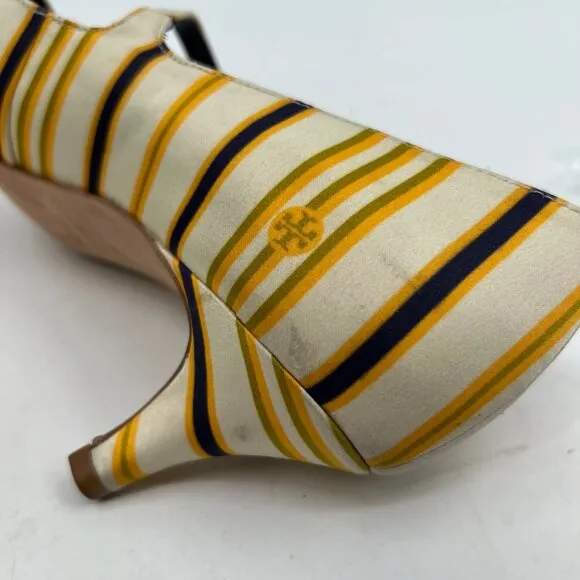 Tory Burch Cream Yellow Striped Beverly Kitten Heels | Size 10.5