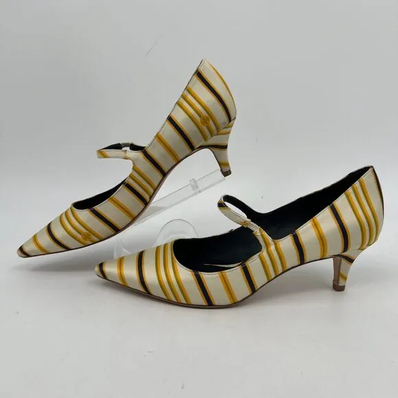Tory Burch Cream Yellow Striped Beverly Kitten Heels | Size 10.5